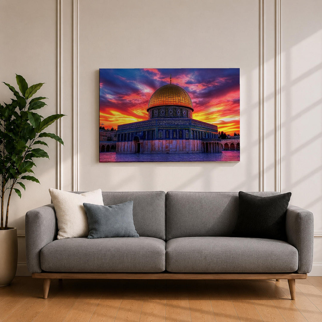 Bedroom framed canvas wall art with warm amber sunset tones