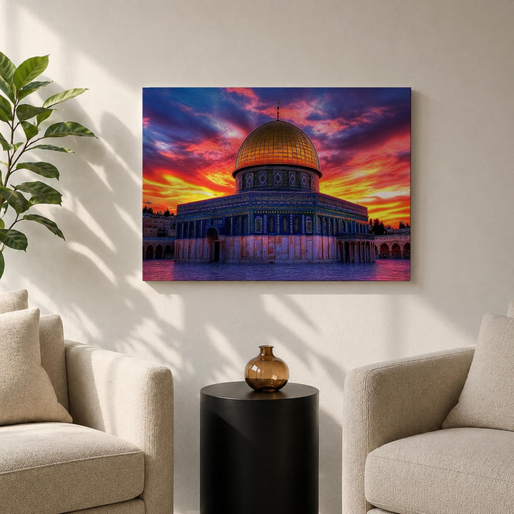 Elegant wooden frame around Dome of the Rock sunset canvas
