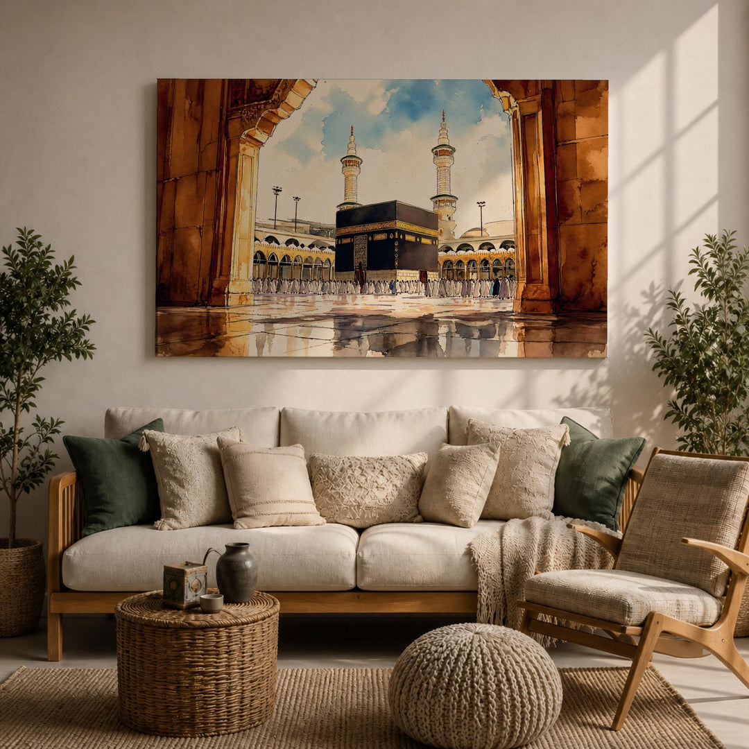 islamic wall decor featuring baitullah tawaf motif on canvas