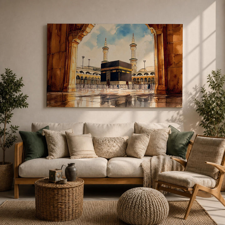 islamic wall decor featuring baitullah tawaf motif on canvas