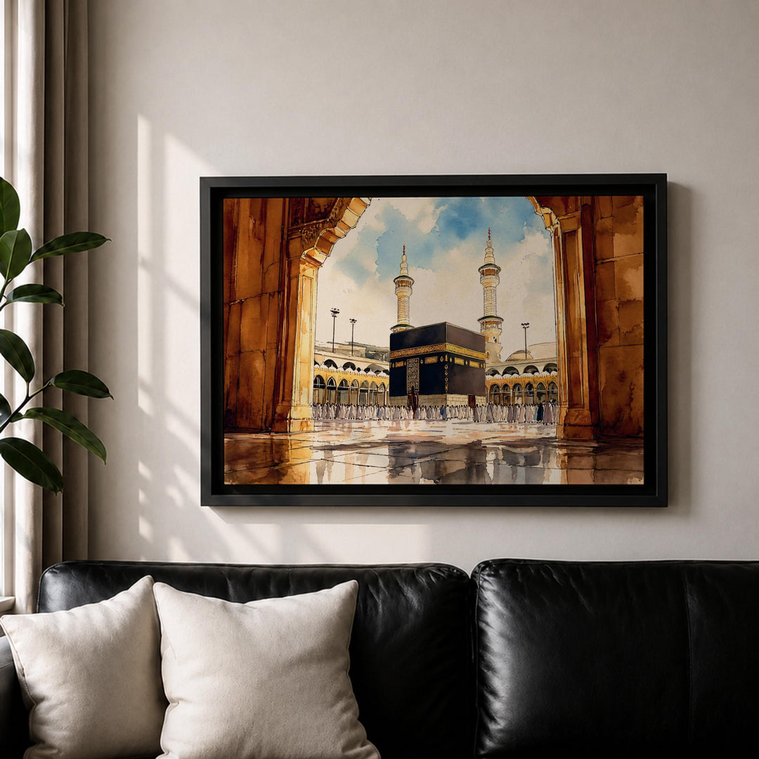 pilgrims near the kaaba arch in abstract wall art