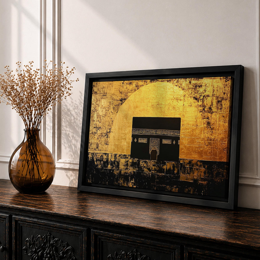 Framed Kaaba Mecca wall art on canvas, close-up view
