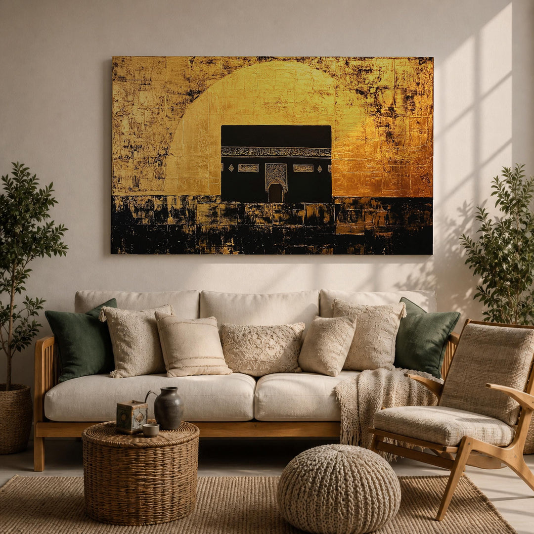 Golden-toned abstract Islamic art featuring Kaaba, framed canvas
