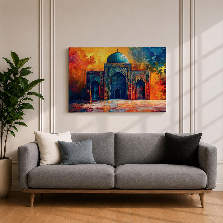 Beige-toned Islamic art with intricate arches