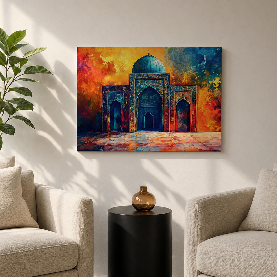Arabesque-inspired mosque design wall art in frame