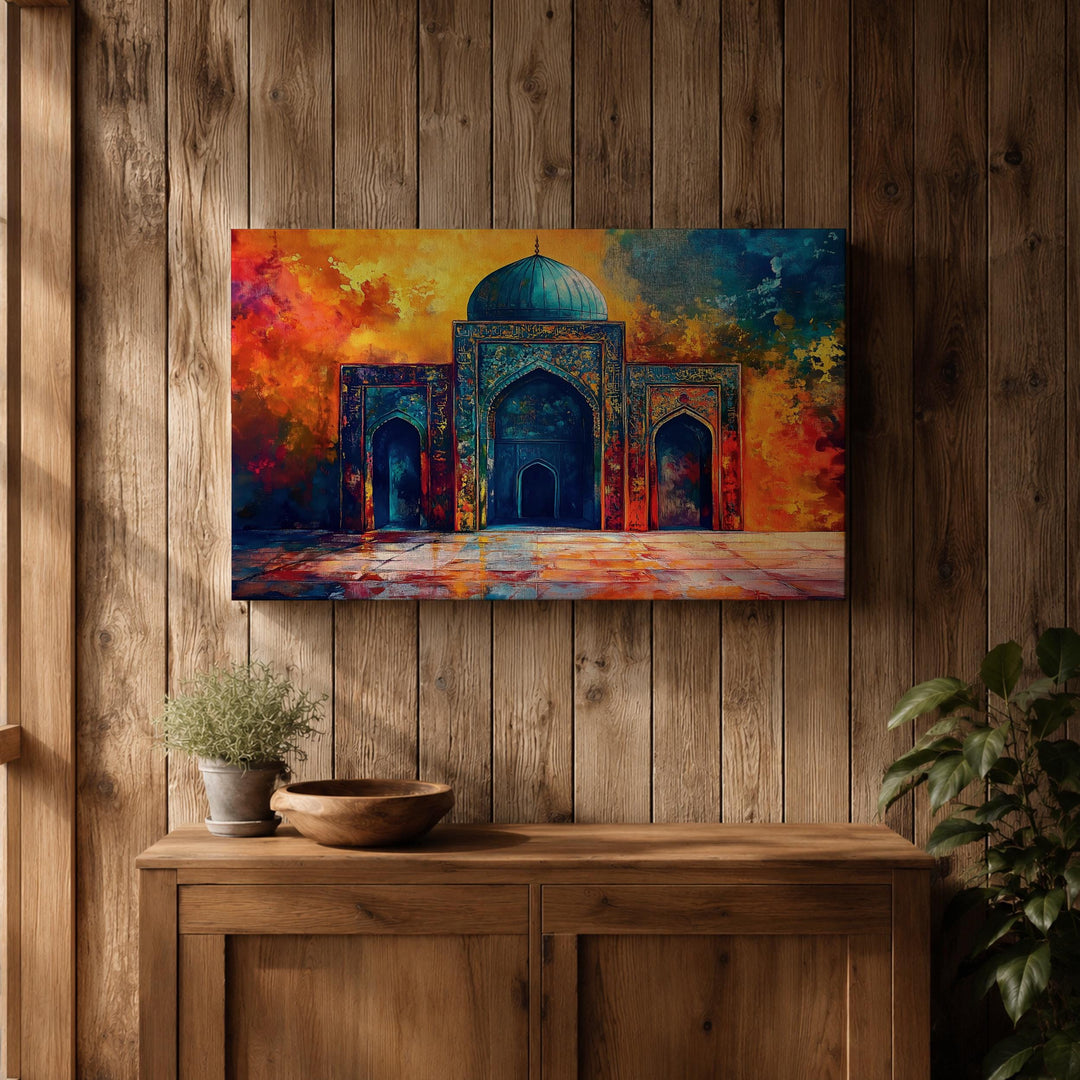 Ready-to-hang framed mosque canvas for hallway or foyer