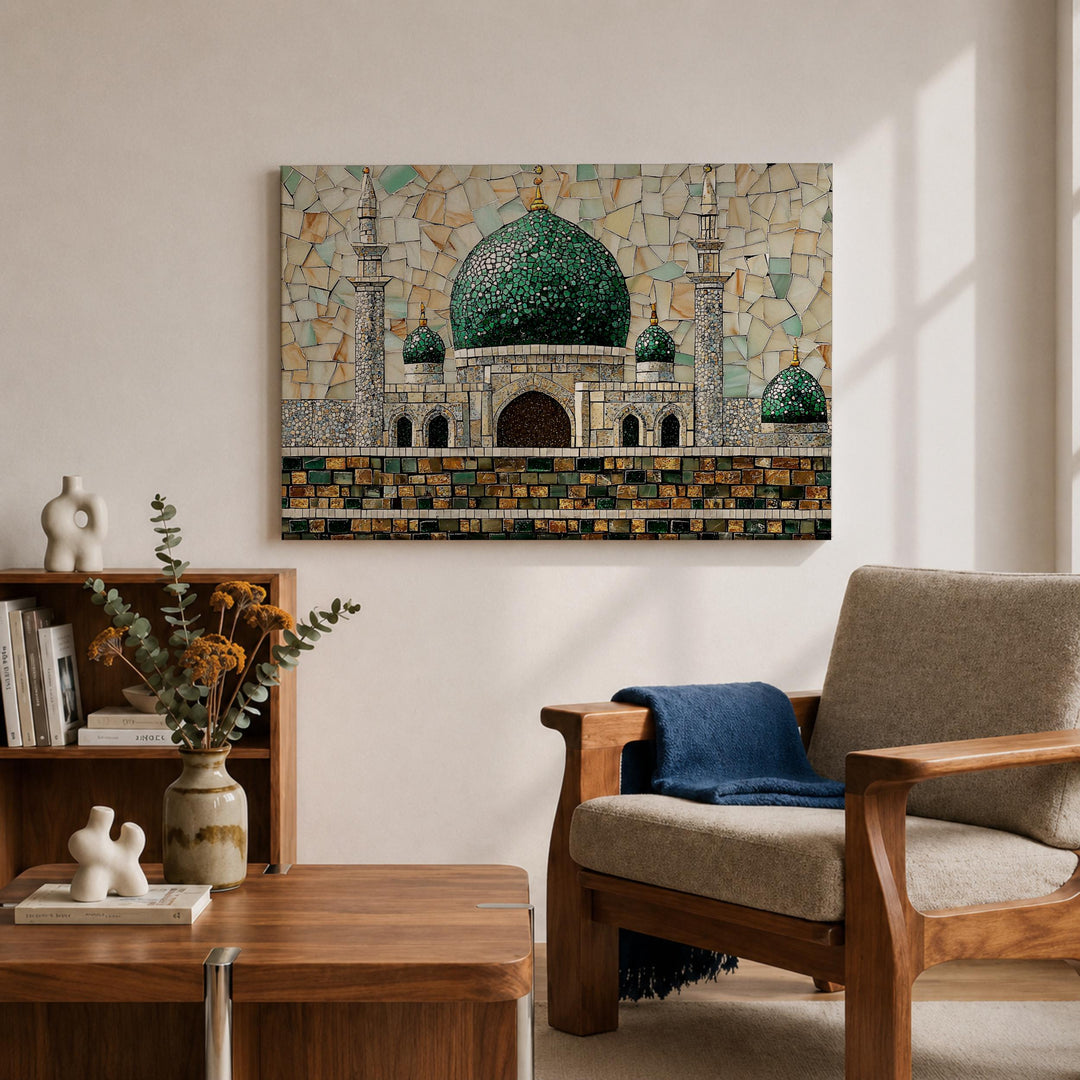 Masjid Al Nabawi mosque design in green tones on canvas frame