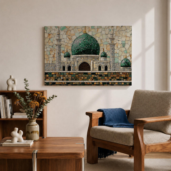 Masjid Al Nabawi mosque design in green tones on canvas frame