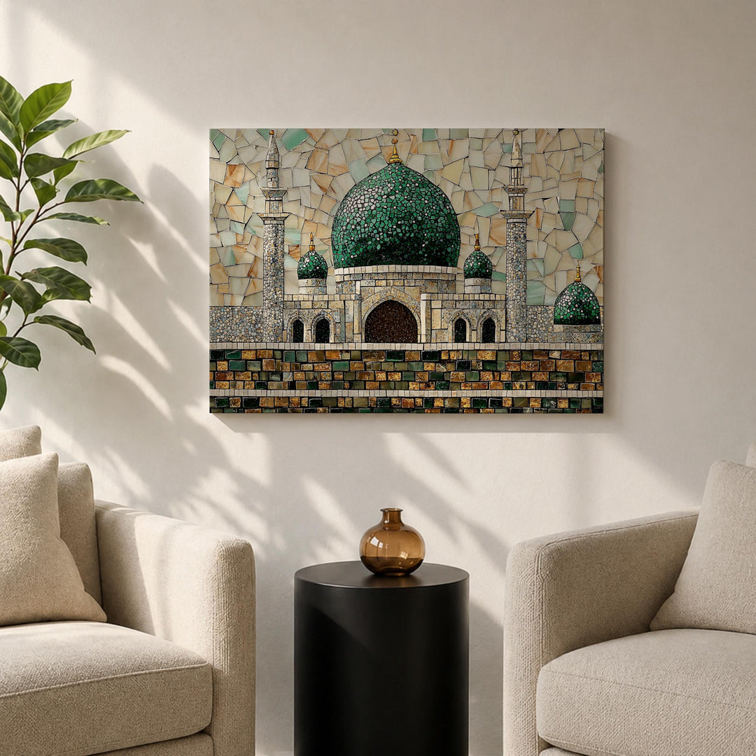 Premium Islamic decor wall art with Green Dome mosaic in frame