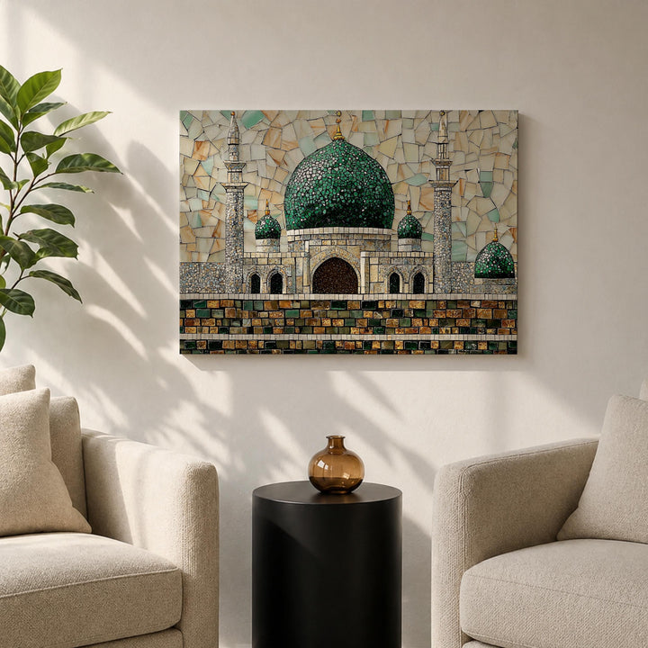 Premium Islamic decor wall art with Green Dome mosaic in frame