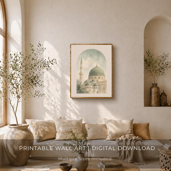 Triple-panel wall art for living room with spiritual geometry in sage green — panel 1