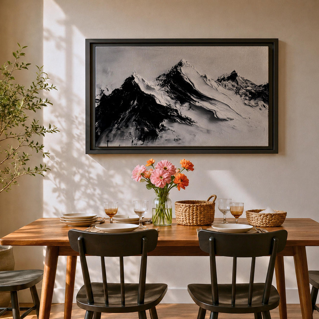 Living room setting with the framed alpine landscape wall art