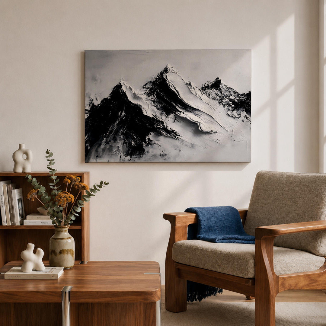 Gallery-style framed canvas art with alpine scenery