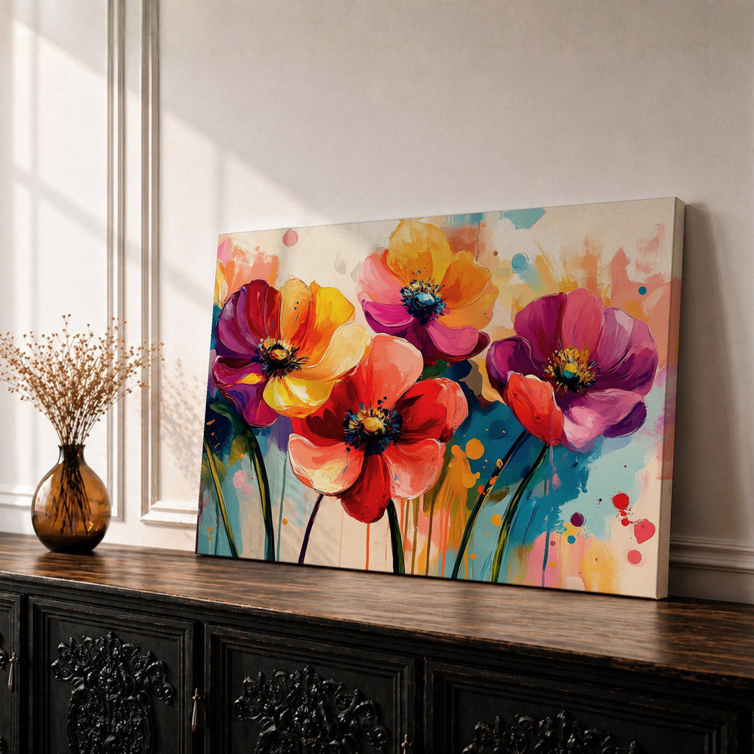 California poppy framed canvas wall art in bright watercolor style