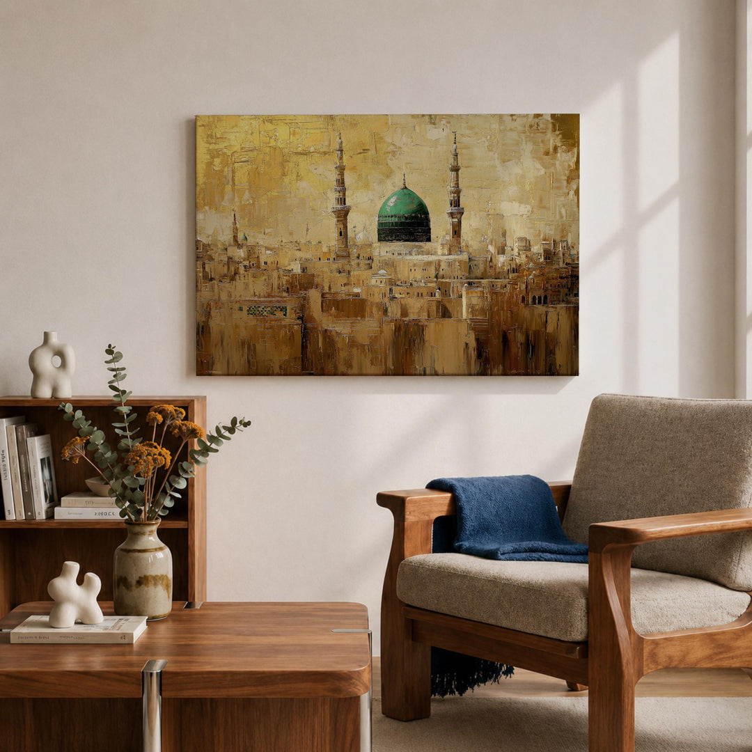 Living space wall decor with Masjid Nabawi mosque motif