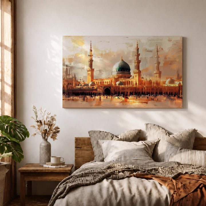 Gallery-ready Masjid Nabawi canvas print with green dome detail and frame