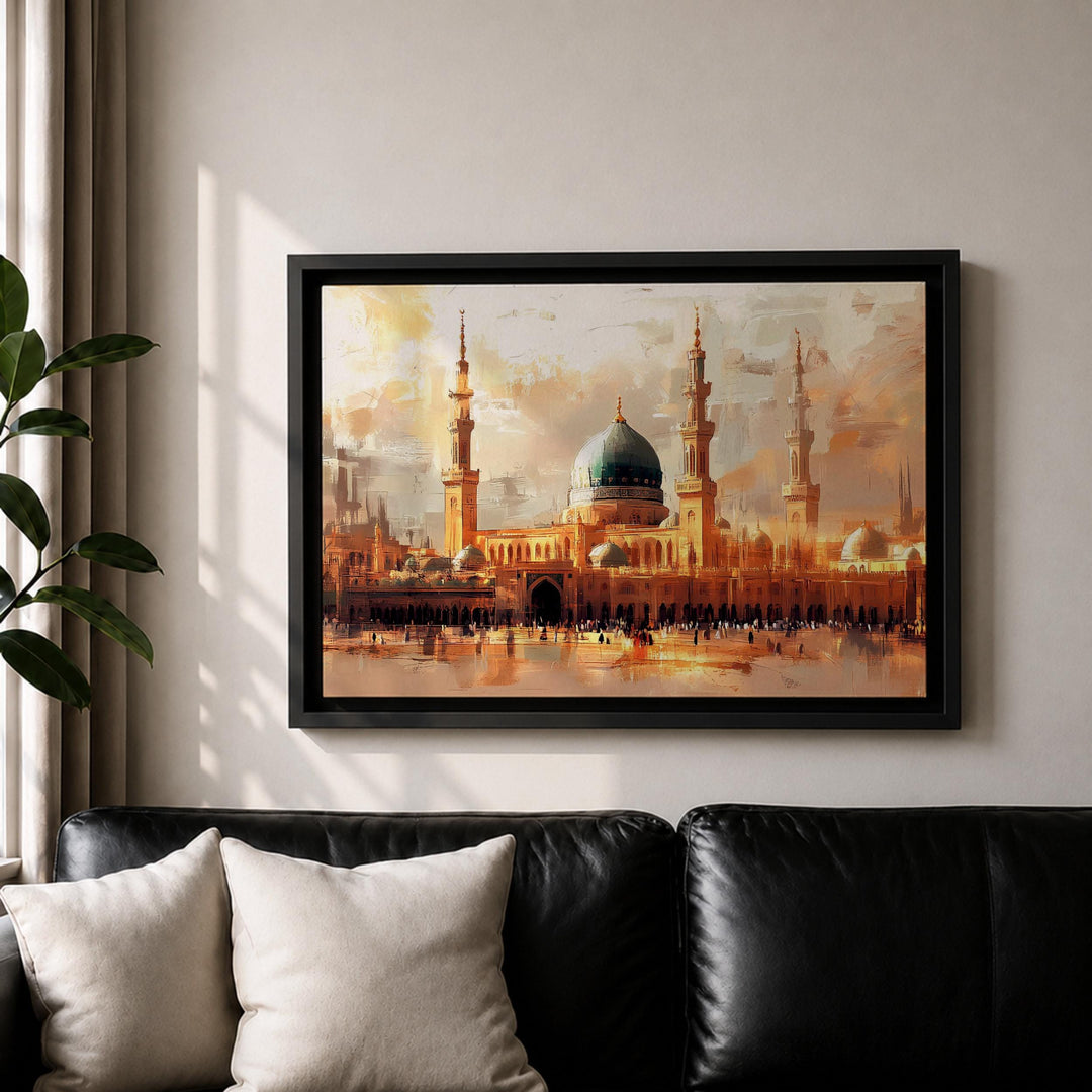 Framed Masjid Nabawi wall art showcasing serene Medina mosque scene