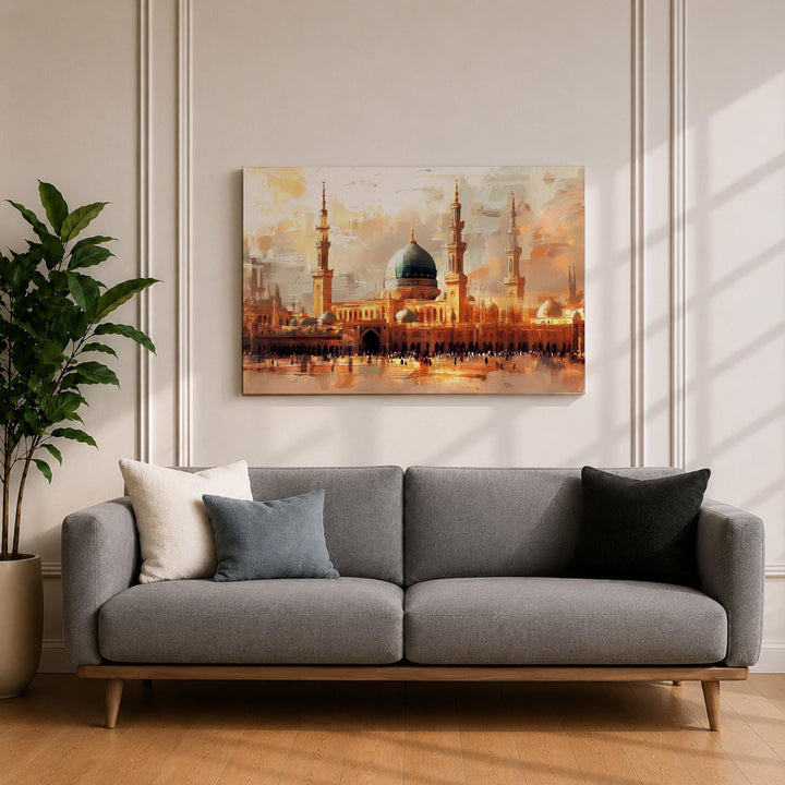 Front view of green dome Masjid Nabawi canvas print in a dark wood frame