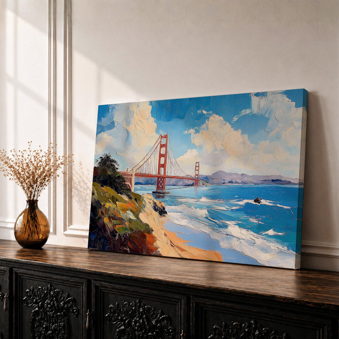 Golden Gate Bridge framed canvas wall art on white wall