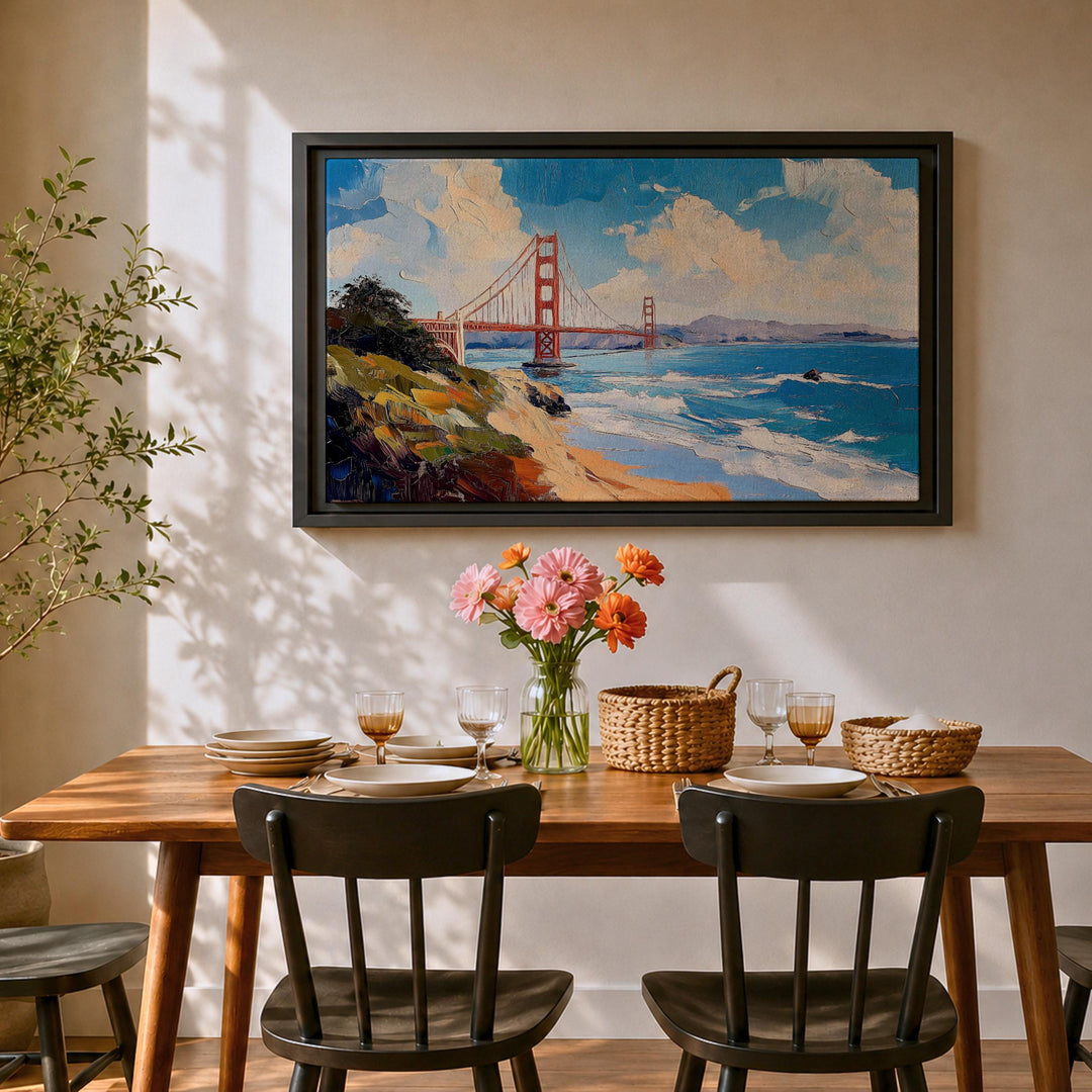 Warm-toned San Francisco skyline with Golden Gate Bridge artwork