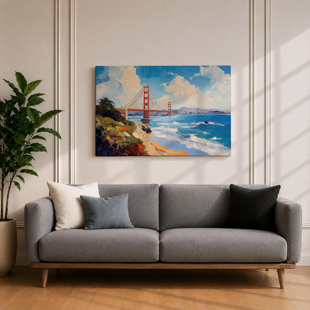 Vibrant colors on Golden Gate Bridge wall art in frame