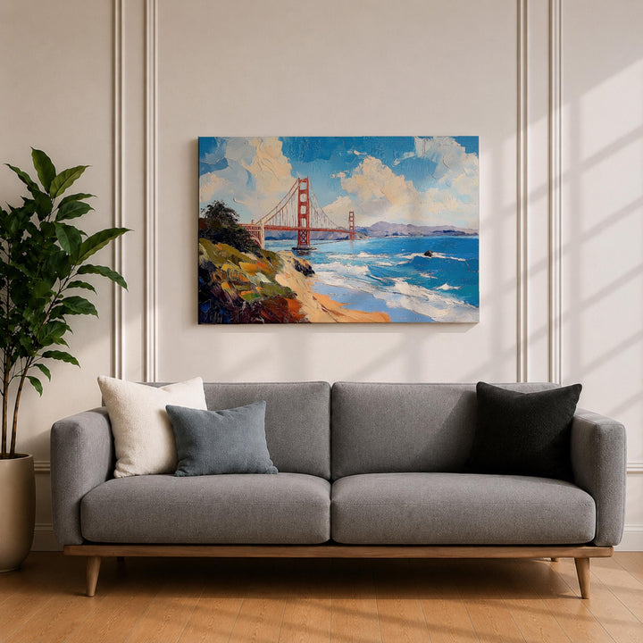 Vibrant colors on Golden Gate Bridge wall art in frame