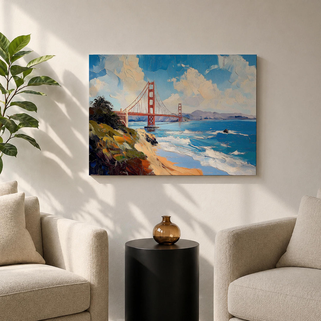Side view of framed Golden Gate Bridge wall art