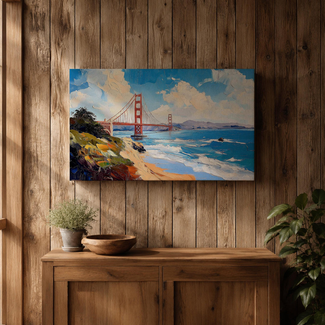 San Francisco landmark art piece: Golden Gate Bridge in frame