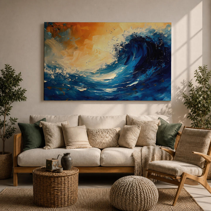 Framed coastal seascape wall art with blue waves