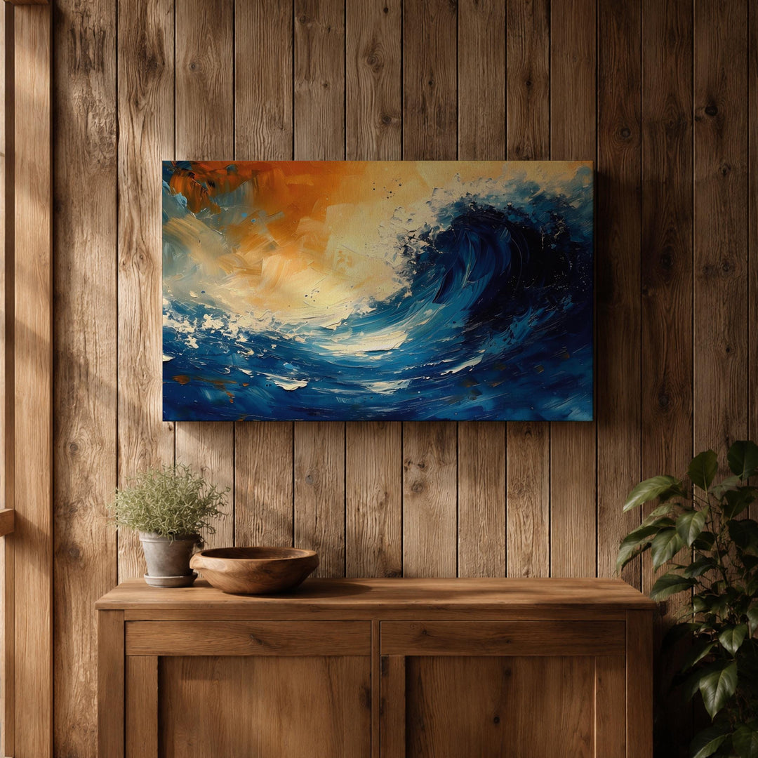 Natural wood frame ocean wave artwork