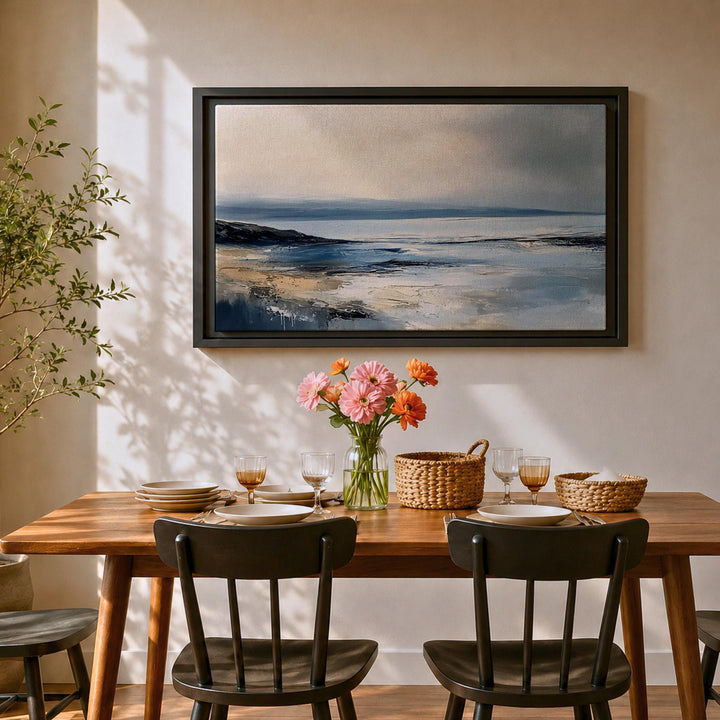 Abstract seascape on framed canvas showing shoreline and waves