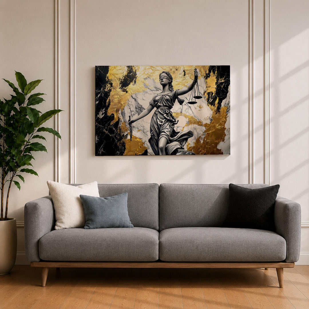 Legal decor wall art featuring scales of justice in a frame