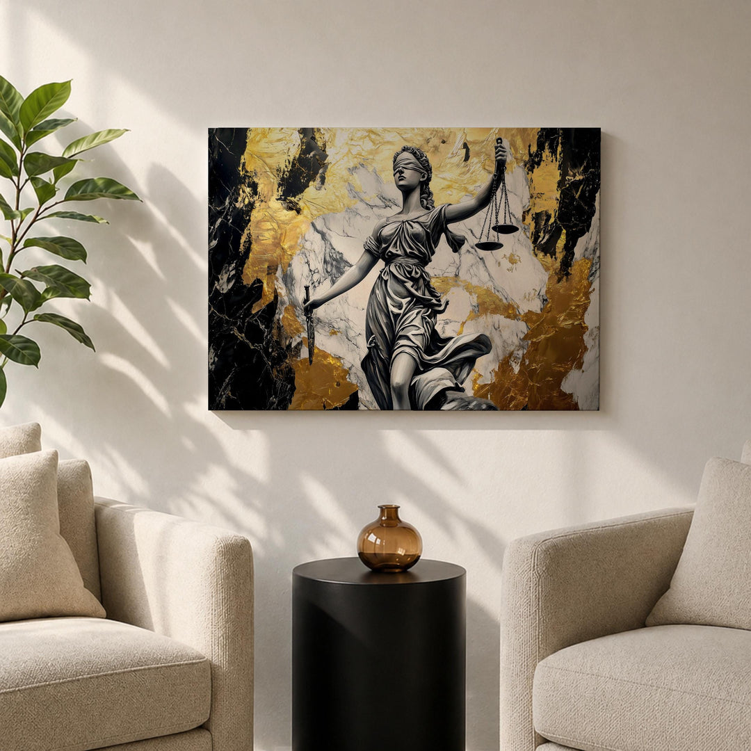 Balanced scales of justice artwork for executive desk backdrop