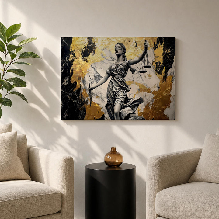 Balanced scales of justice artwork for executive desk backdrop