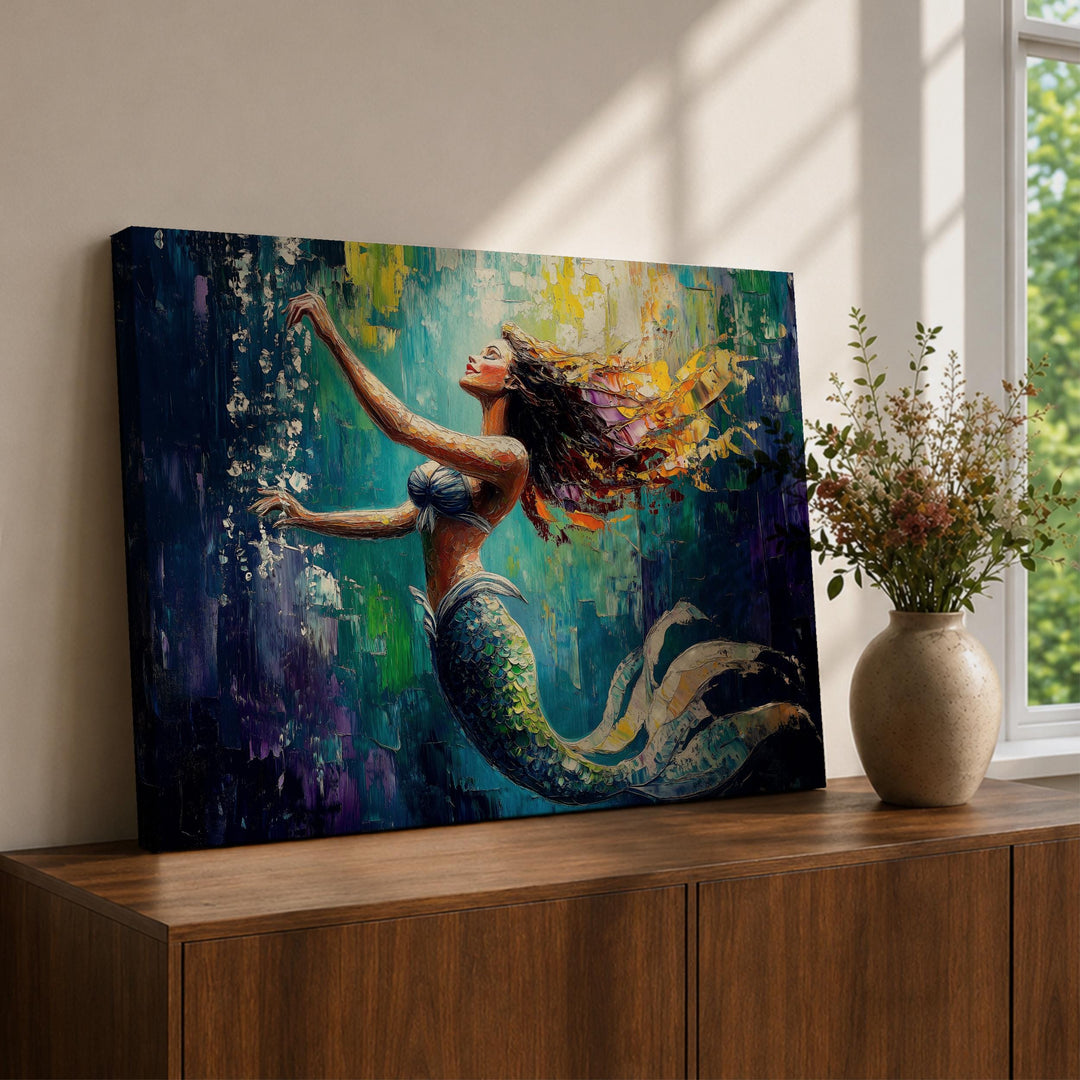 Framed mermaid wall art canvas depicting ocean nymph amid waves in blue tones