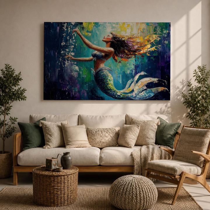 Close-up of mermaid wall art framed canvas showing rich impasto texture