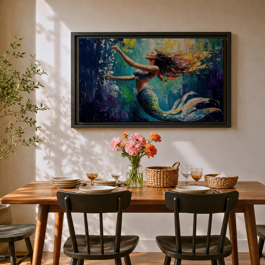 Mystical sea nymph mermaid wall art with coastal colors in a wooden frame