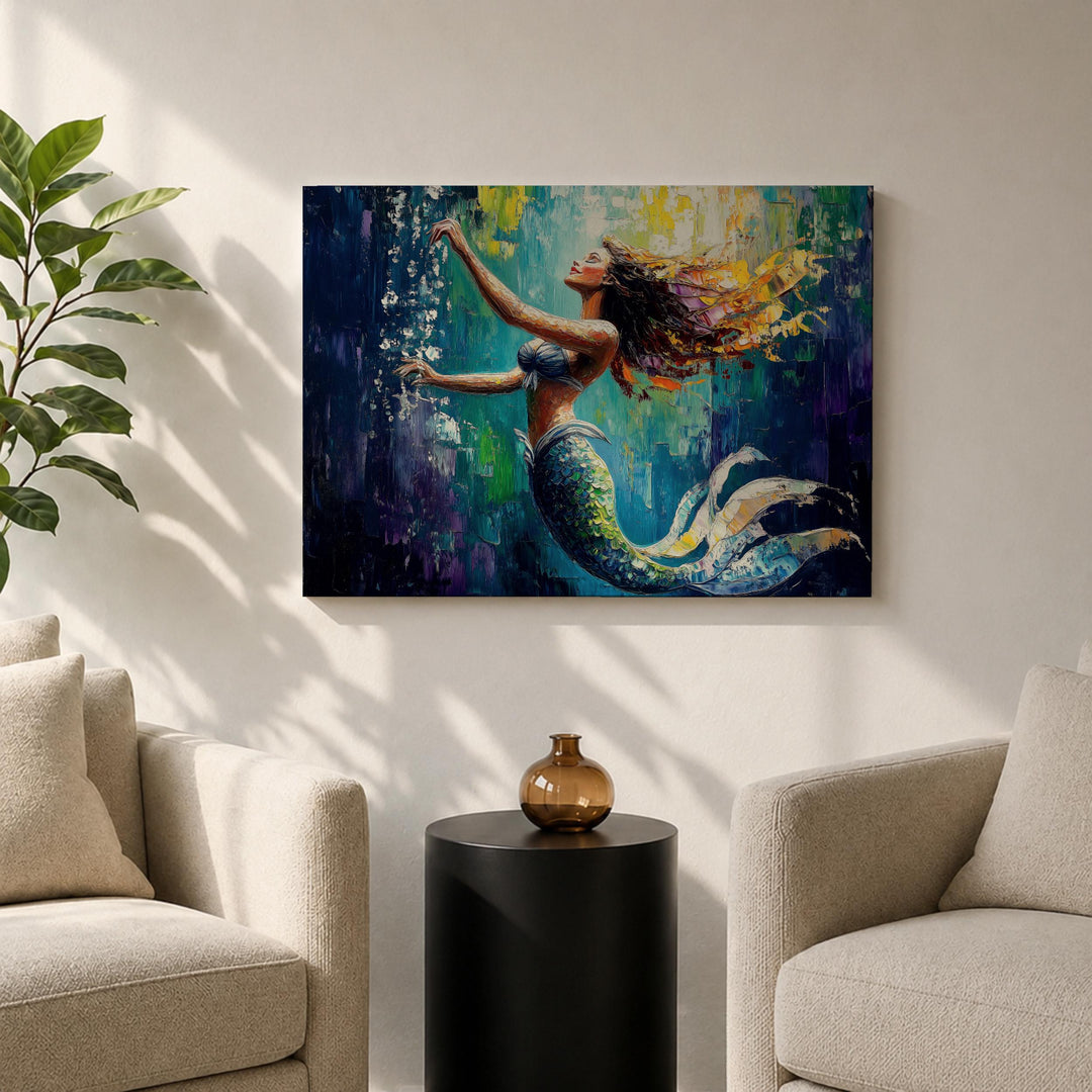 Whimsical mermaid wall art framed canvas with coral accents