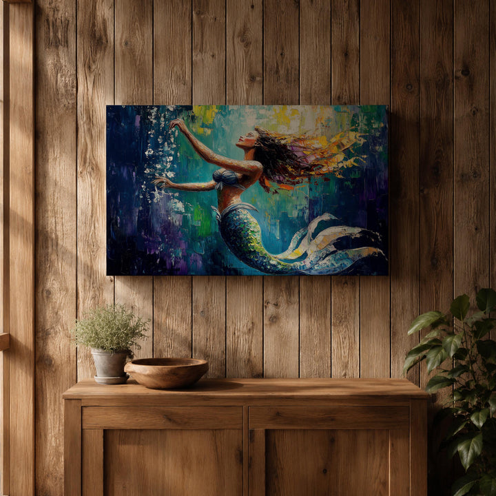 Premium wall art mermaid illustration on canvas with glossy finish and frame