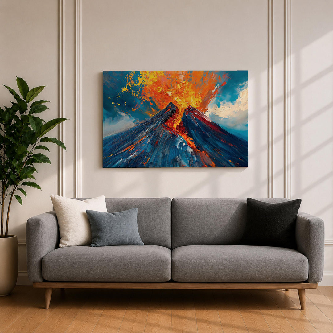 dramatic volcano eruption scene on framed wall art