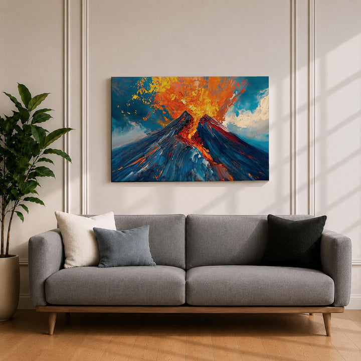 dramatic volcano eruption scene on framed wall art
