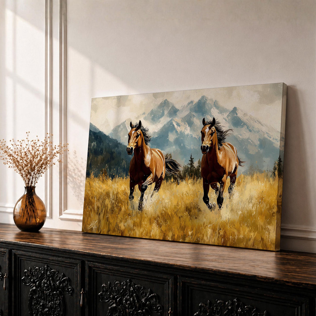 Framed canvas wall art featuring running horses against a mountain landscape
