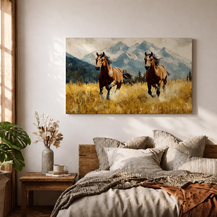 Detail of horse mane in framed mountain landscape art