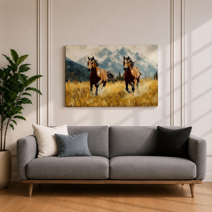 Bedroom wall art with horses and rugged mountains in a wood frame