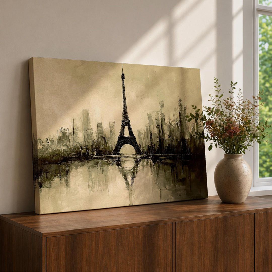 Eiffel Tower framed canvas wall art with vintage Paris skyline