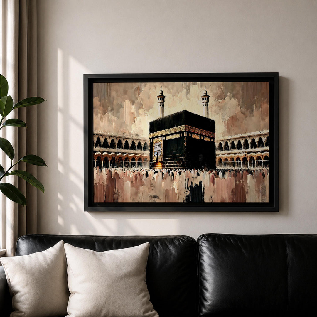 Framed canvas Islamic art with rich color and textured brushwork