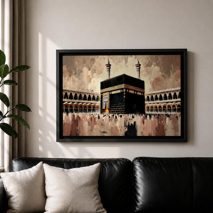 Framed canvas Islamic art with rich color and textured brushwork