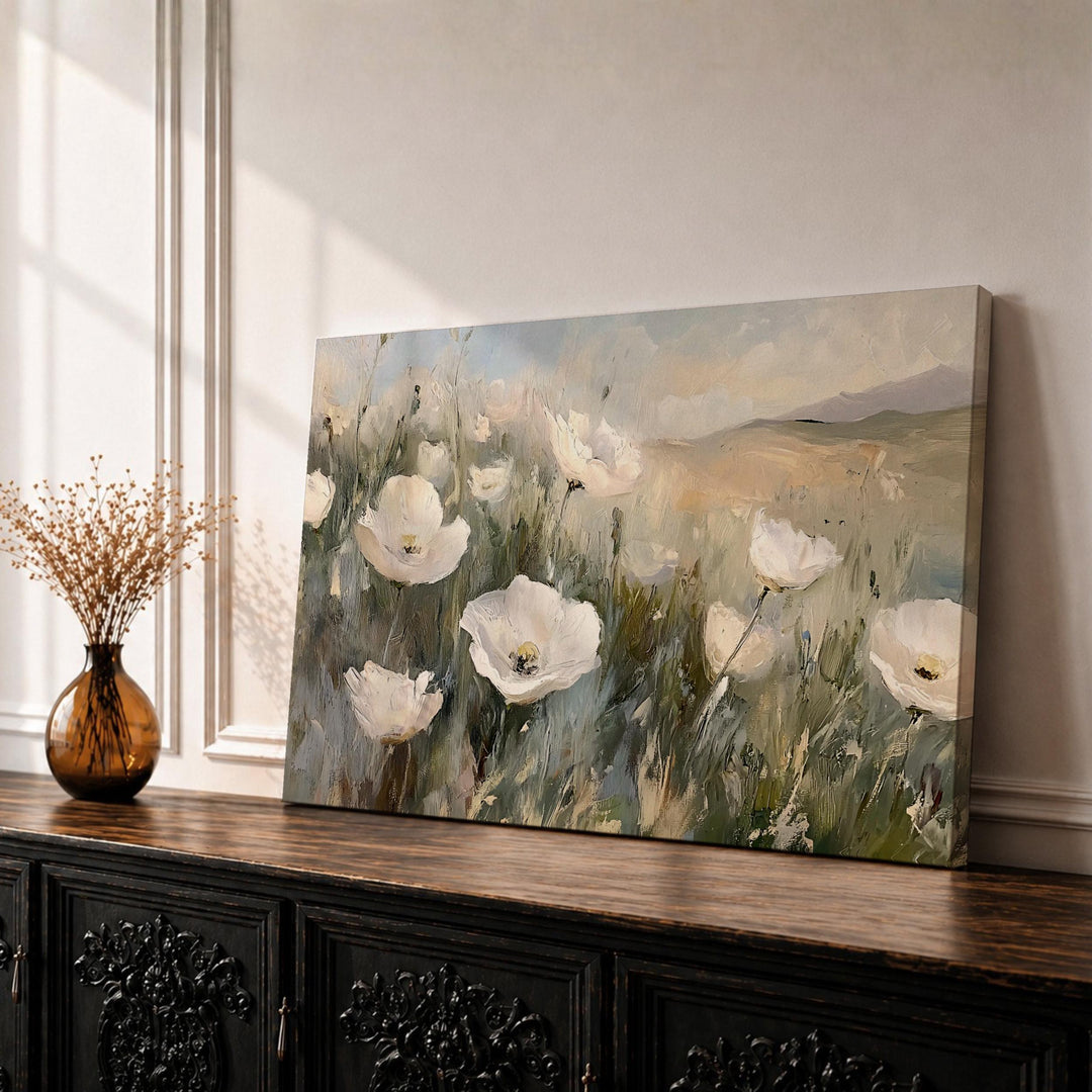 Wildflower meadow framed canvas art on natural wood frame, front view
