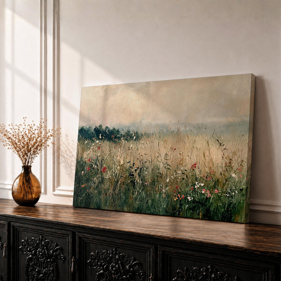 Framed canvas wall art of a wildflower field with meadow blooms
