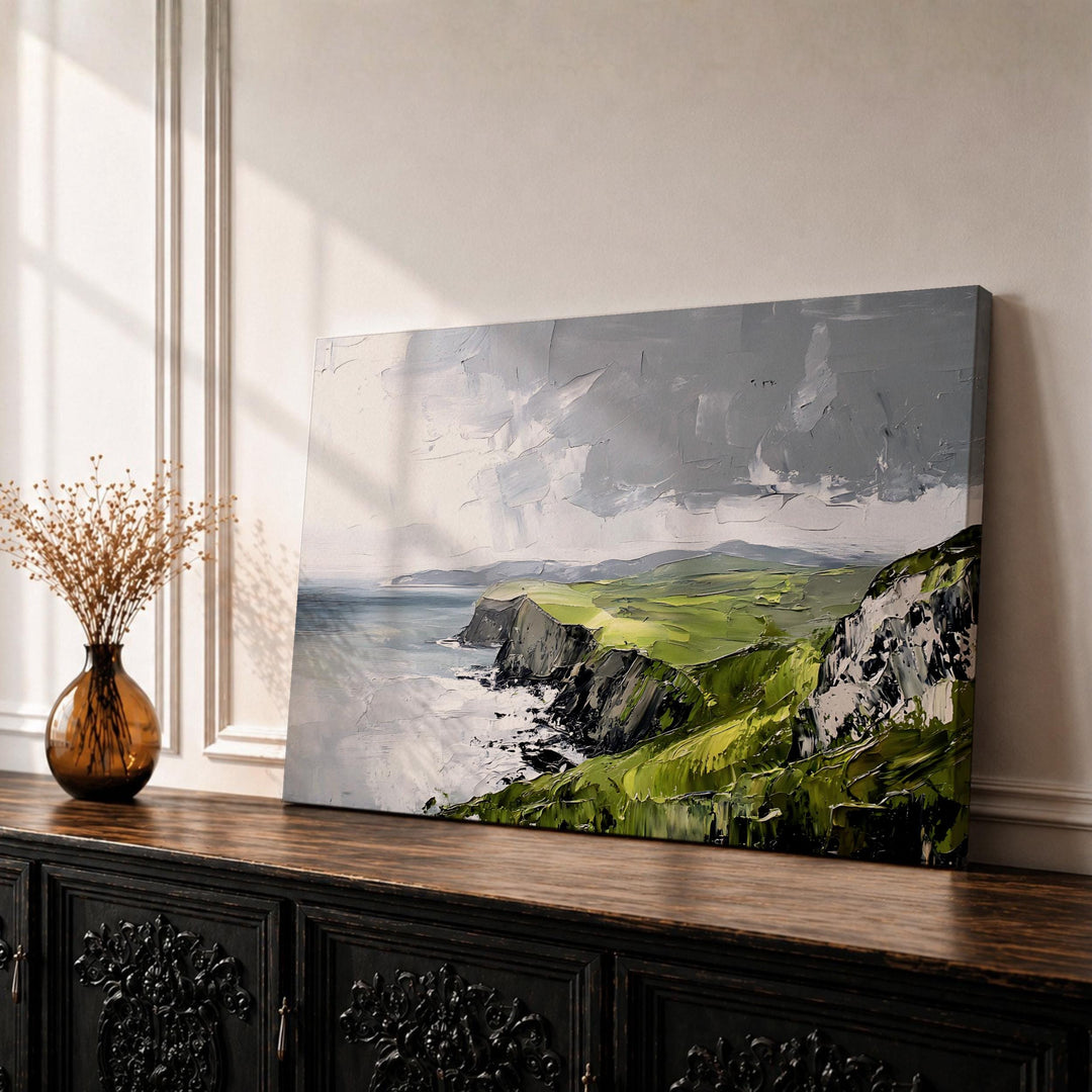 Emerald Isle coastal cliffs framed canvas with impasto texture